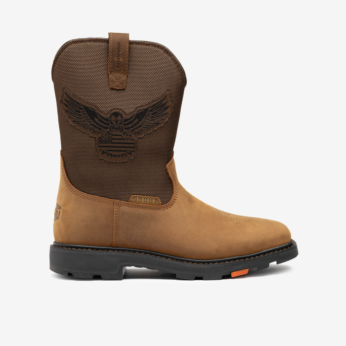 View 1 right side of the limited edition BRUNT 10 inch waterproof composite square toe work boot in brown with eagle