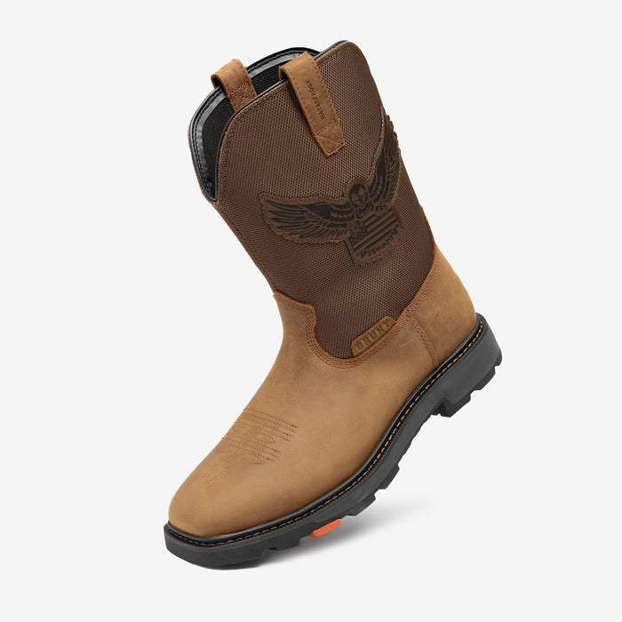 View 2 45 degree angle of the left limited editon BRUNT 10 inch waterproof composite square toe work boot in brown with eagle