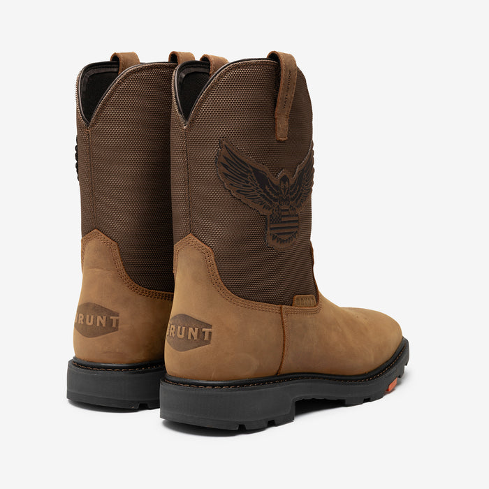45 degree angle of the back limited edition BRUNT 10 inch waterproof square toe work boot in brown with eagle