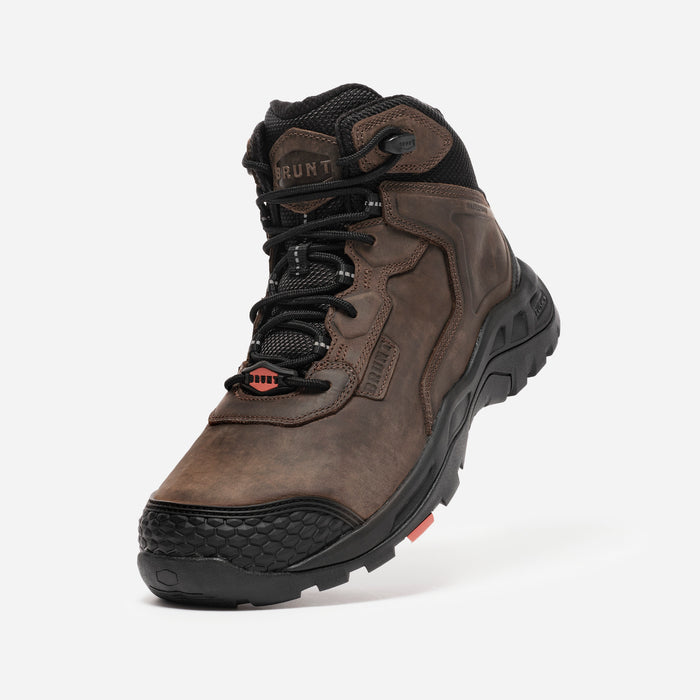 45 degree angle of the left side of the BRUNT 6 inch waterproof reinforced composite toe work boot in brown