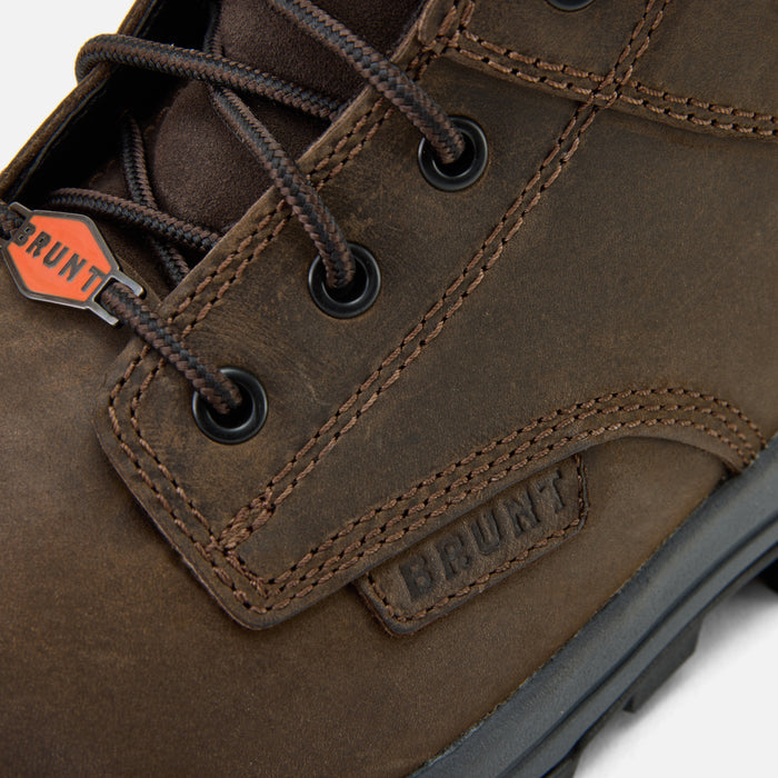 Close up details of the BRUNT 6 inch lightweight 90 degree heel comp toe work boot in dark brown