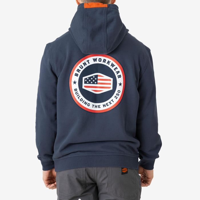 Back of the limited edition BRUNT comfortable all-season levin work hoodie in dark navy