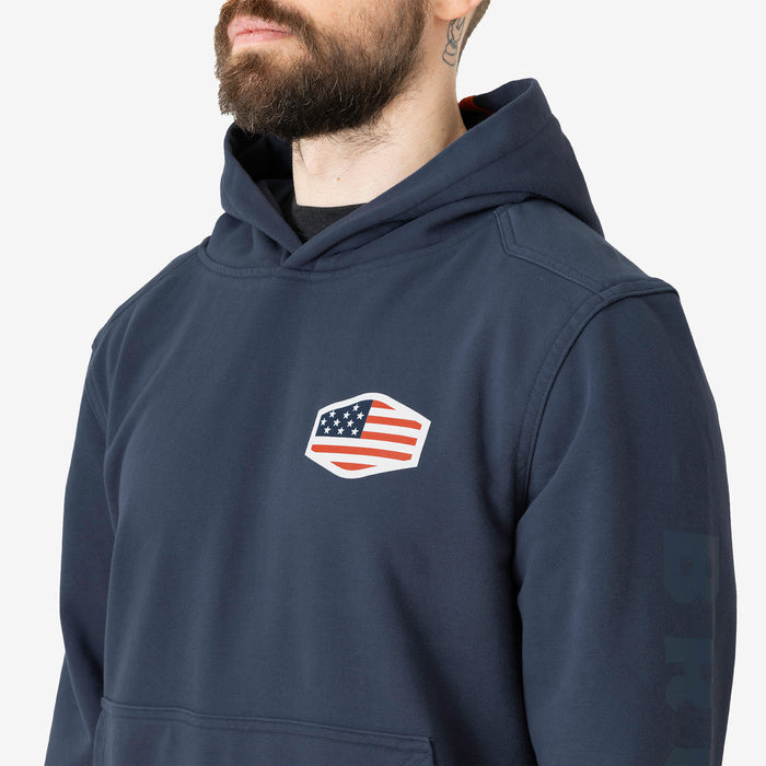 Close up of front logo of the limited editon BRUNT comfortable all-season levin work hoodie in dark navy