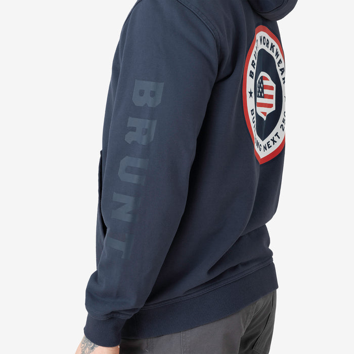 Left sleeve of the limited edition BRUNT comfortable all-season levin work hoodie in dark navy
