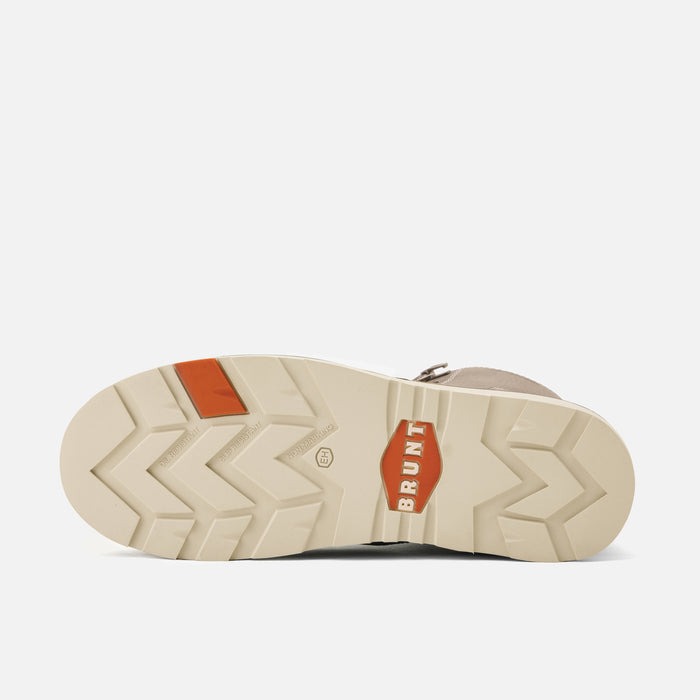 Bottom of the BRUNT 6 inch waterproof moc toe marin work boot in light grey