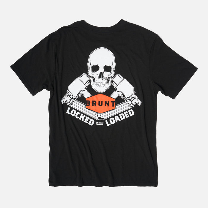 View 1 back of the BRUNT high quality t-shirt in black with locked and loaded graphic on back