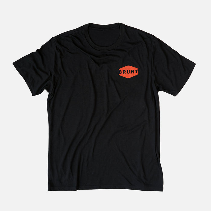 Front of the BRUNT high quality t-shirt in black with locked and loaded graphic on back