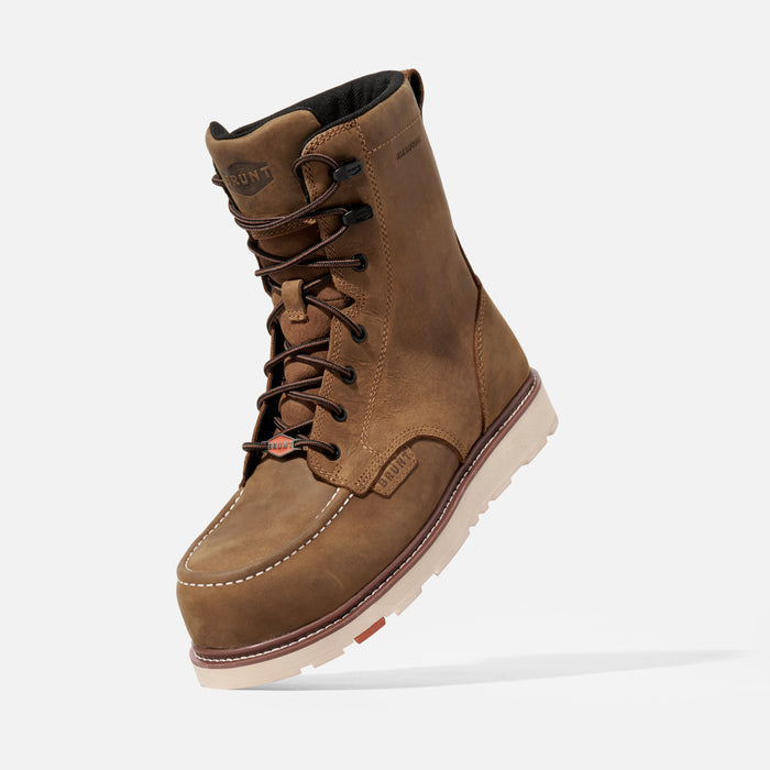 45 degree angle of the left BRUNT 8 inch waterproof composite toe marin work boot in brown