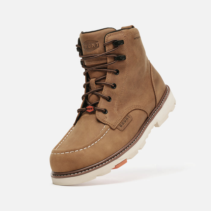 45 degree angle of the left BRUNT 6 inch waterproof 90 degree composite toe marin work boot in brown