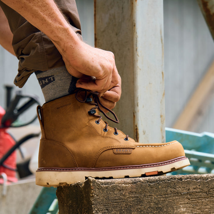 BRUNT 6 inch waterproof 90 degree heel marin work boot in brown on jobsite