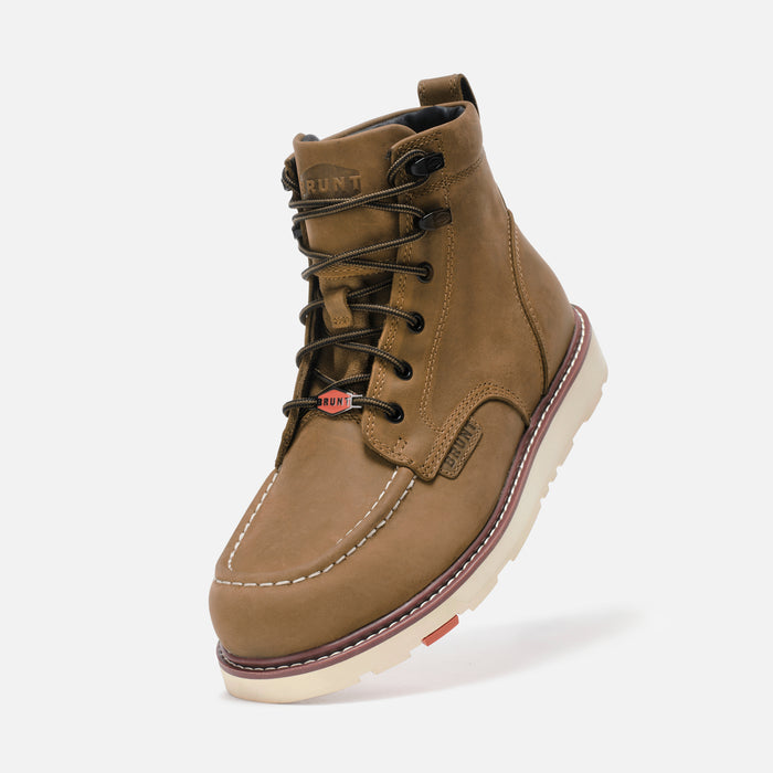 45 degree angle of the left BRUNT 6 inch water-resistant unlined composite marin work boot in brown