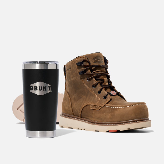 View 1 BRUNT 6 inch waterproof moc toe marin work boot in brown with 20oz BRUNT tumbler in black