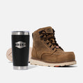 View 1 BRUNT 6 inch waterproof moc toe marin work boot in brown with 20oz BRUNT tumbler in black