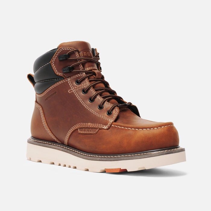 View 2 45 degree angle of the right BRUNT 6 inch waterproof welted moc toe marin work boot in tobacco * 0