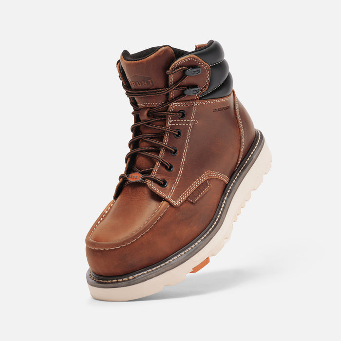 45 degree angle of the left BRUNT 6 inch waterproof welted moc toe marin work boot in tobacco * 0
