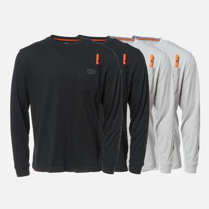 Four of the BRUNT high quality long sleeve pocket tee in black and light grey