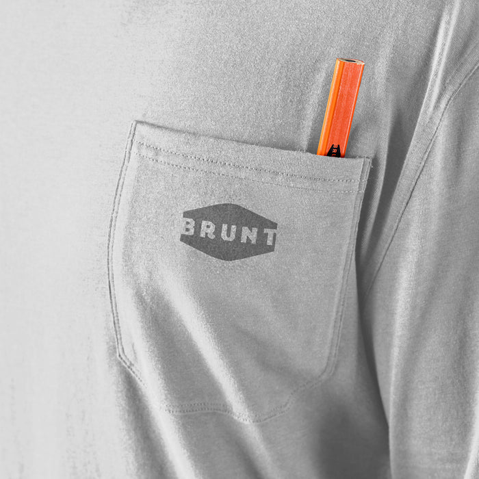 View 2 front of chest pocket with pencil slot of the BRUNT high quality long sleeve pocket tee in light grey heather * 0