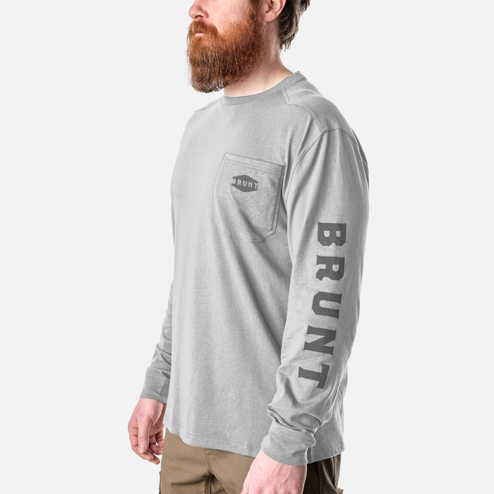 45 degree angle of the front left of the BRUNT high quality long sleeve pocket tee in light grey heather * 0