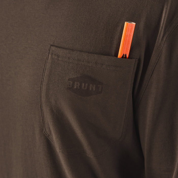 View 2 front of chest pocket with pencil slot of the BRUNT high quality long sleeve pocket tee in brown