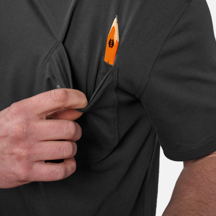 View 2 front of chest pocket with pencil slot of the BRUNT high quality short sleeve pocket tee in black * 0