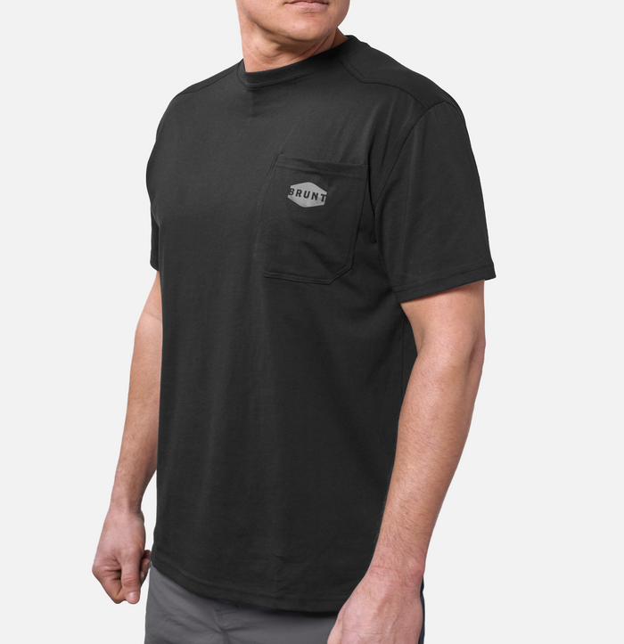 45 degree angle of the front left BRUNT high quality short sleeve pocket tee in black * 0