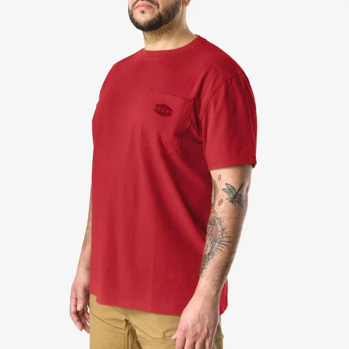 45 degree angle of the front left BRUNT high quality short sleeve pocket tee in red