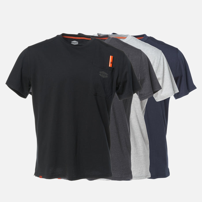 Front of the BRUNT high quality short sleeve pocket tee in black, dark grey, light grey and navy blue