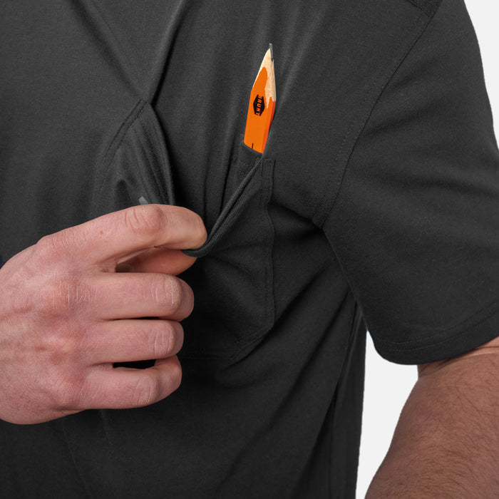 Front of chest pocket with pencil slot of the BRUNT high quality short sleeve pocket tee in black