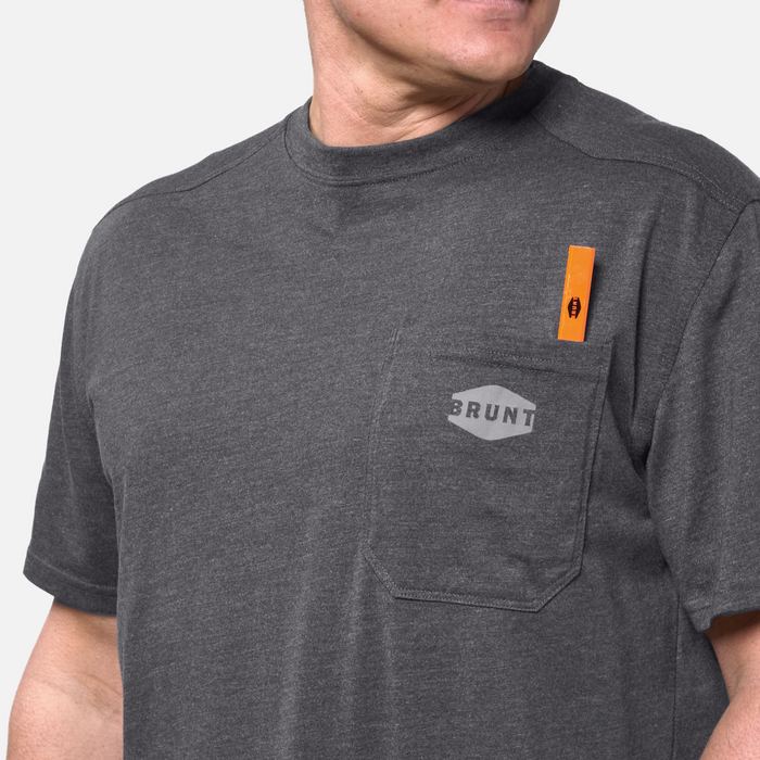 Front of chest pocket with pencil slot of the BRUNT high quality short sleeve pocket tee in dark grey