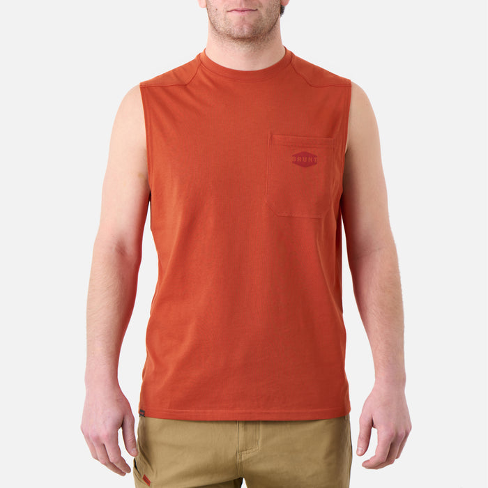 View 1 front of the BRUNT comfortable sleeveless pocket tee in BRUNT orange * 1