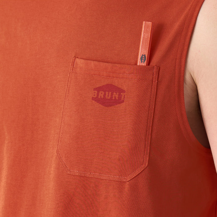 View 2 front of chest pocket with pencil slot of the BRUNT comfortable sleevless pocket tee in BRUNT orange * 1