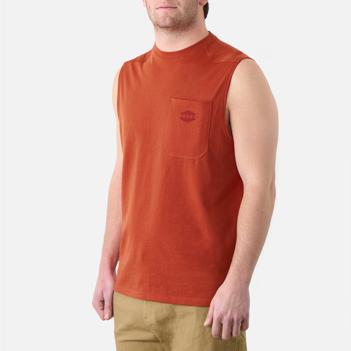 45 degree angle of the front left of the BRUNT comfortable sleeveless pocket tee in BRUNT orange * 1
