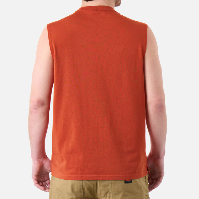 Back of the BRUNT comfortable sleeveless pocket tee in BRUNT orange * 1