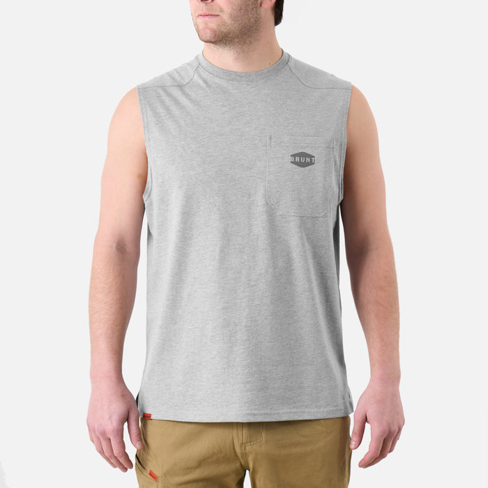 View 1 front of the BRUNT comfortable sleeveless pocket tee in light grey heather * 2