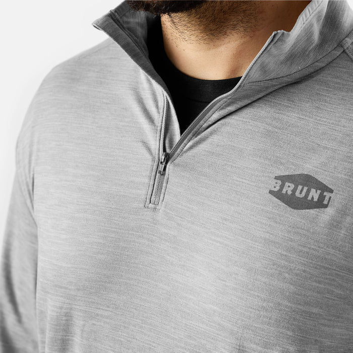 Close up of BRUNT lightweight quarter zip sun shirt with UPF protection in grey heather