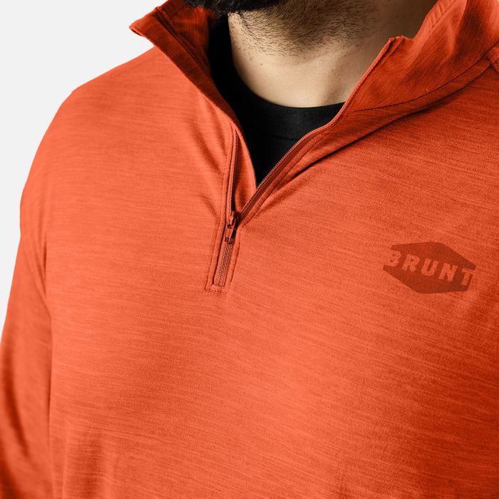 View 2 close up of BRUNT lightweight quarter zip sun shirt with UPF protection in BRUNT orange * 0