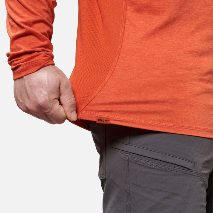 View 2 stretching hemline of the BRUNT lightweight mckenna long sleeve sun tee with UPF protection in BRUNT orange * 3