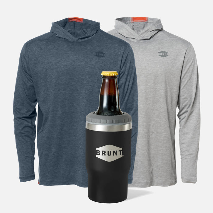 View 1 front of the BRUNT lightweight mckenna sun hoodie with UPF protection in blue heather and grey with BRUNT 4-in-1 tumbler in black