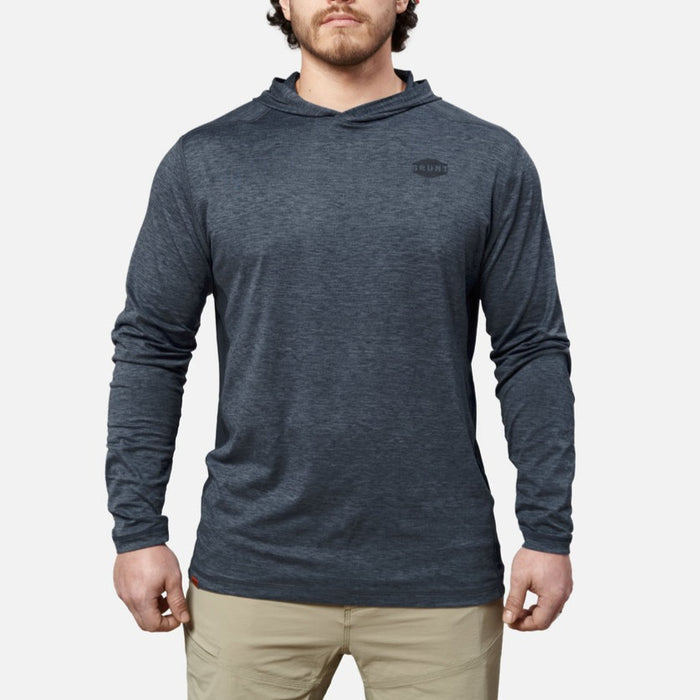 View 2 front of the BRUNT lightweight mckenna sun hoodie with UPF protection in blue heather