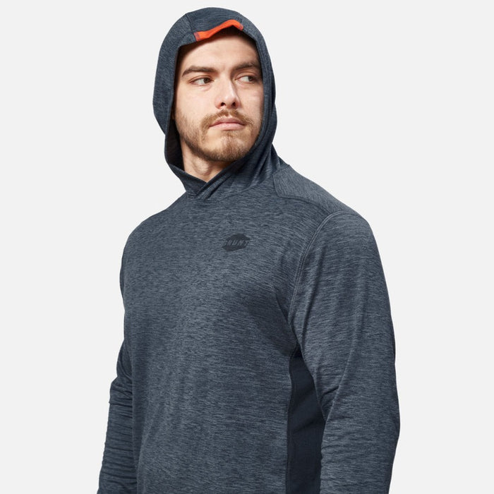 45 degree angle of the left side of the BRUNT lightweight mckenna sun hoodie with UPF protection in blue heather