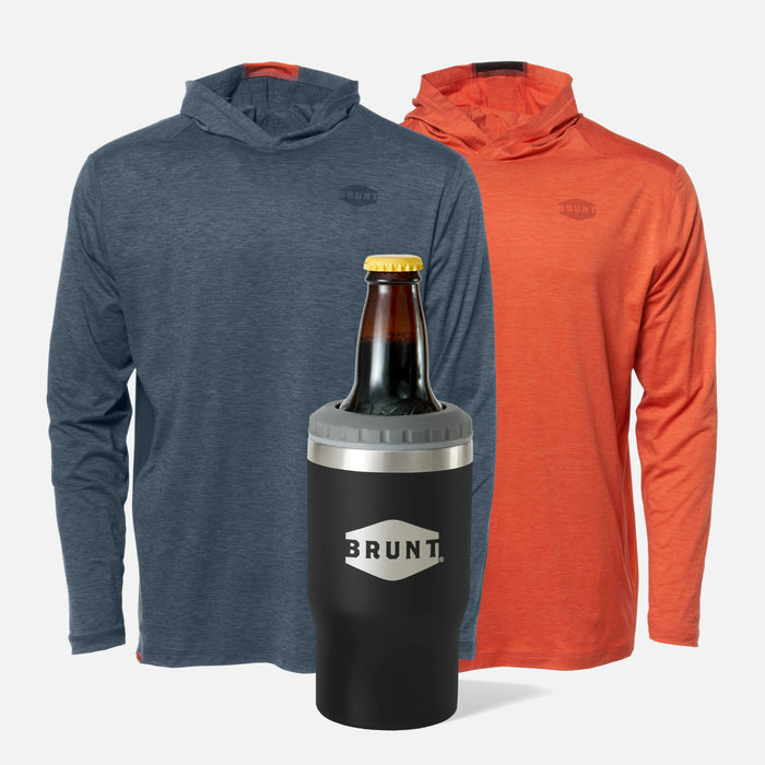 View 1 front of the BRUNT lightweight mckenna sun hoodie with UPF protection in blue heather and BRUNT orange with BRUNT 4-in-1 tumbler in black