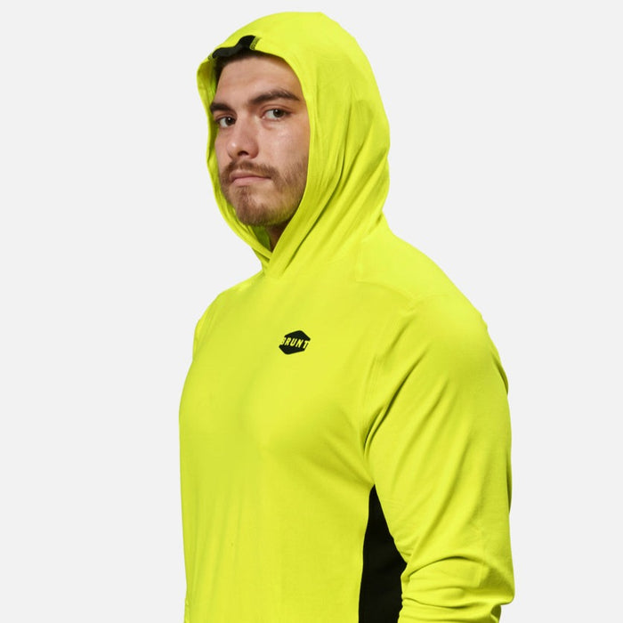 View 2 hard hat compatible hood of the BRUNT lightweight mckenna sun hoodie with UPF protection in hi vis yellow * 0