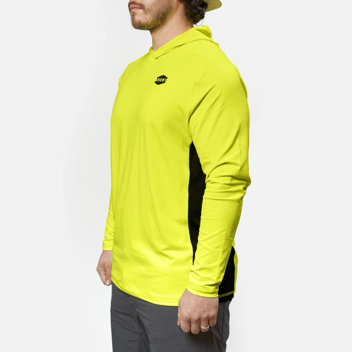 45 degree angle of the left side of the BRUNT lightweight mckenna sun hoodie with UPF protection in hi vis yellow * 0
