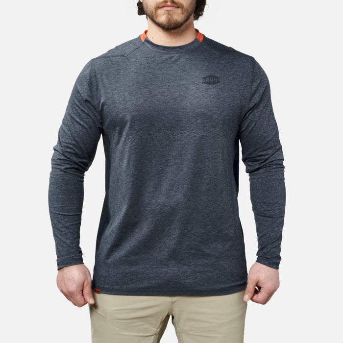 View 1 front of the BRUNT lightweight mckenna long sleeve sun tee with UPF protection in blue heather
