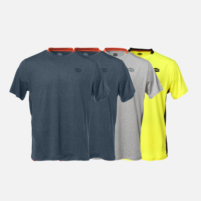View 1 four BRUNT lightweight mckenna sun tees with UPF protection in blue heather, light grey heather and safety yellow