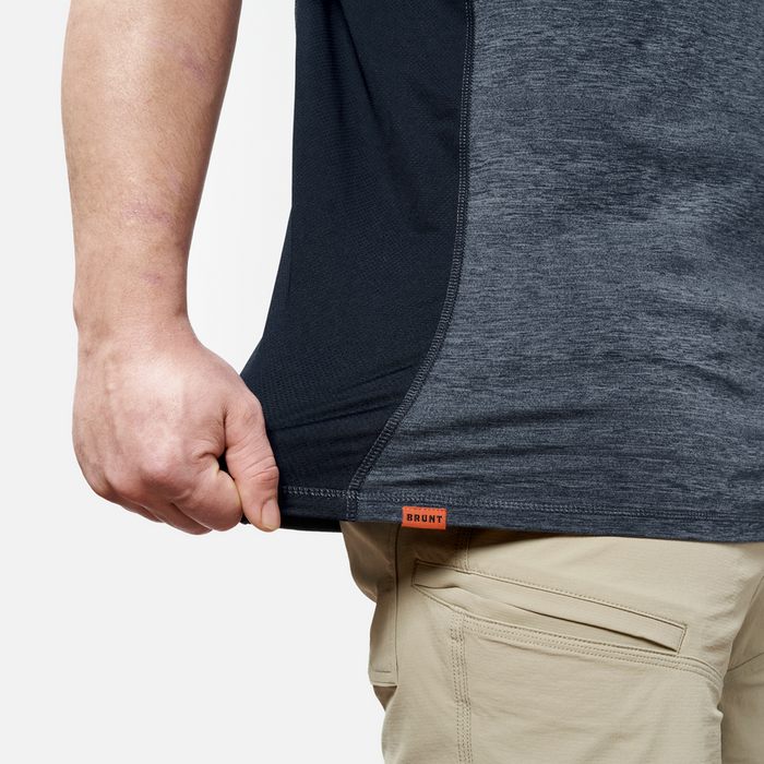 Stretching hemline of the BRUNT lightweight mckenna sun tee with UPF protection in blue heather