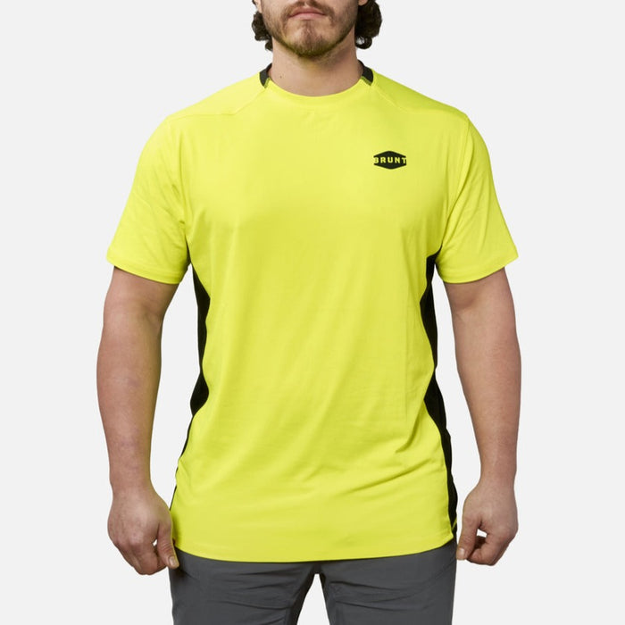 Front of the BRUNT lightweight mckenna sun tee with UPF protection in safety yellow