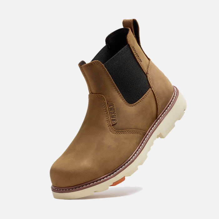 45 degree angle of the left of the BRUNT 6 inch 90 degree heel slip-on comp toe work boot in brown