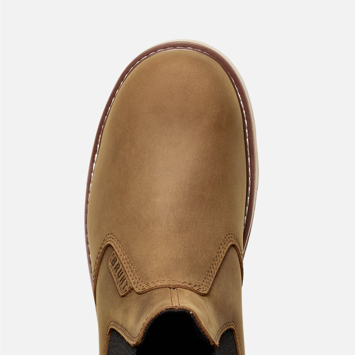 Above shot of the toe shape of the BRUNT 6 inch 90 degree heel slip-on comp toe work boot in brown