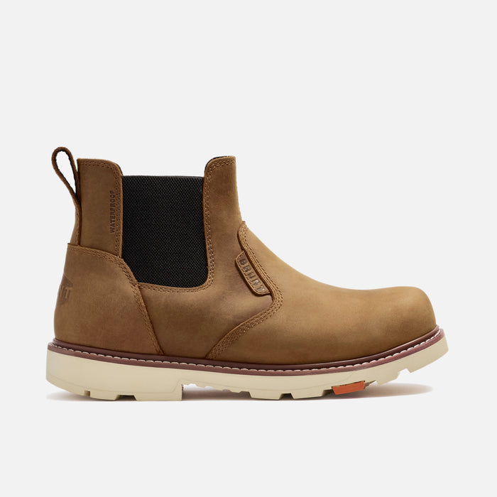 Right side of the BRUNT 6 inch 90 degree heel slip-on work boot in brown